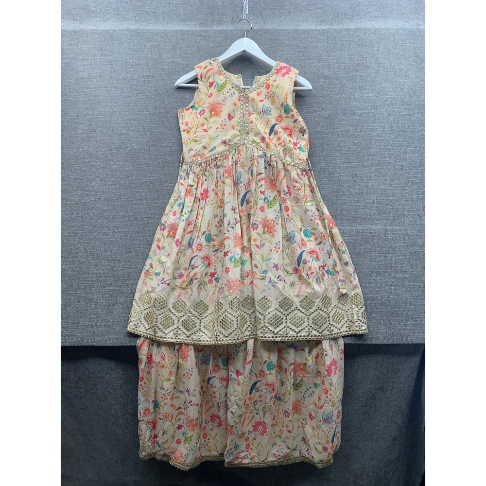 Anokhi Kurti & Sharara Set Girls 34 Beige Multi Floral Pleated V-Neck Sleeveless